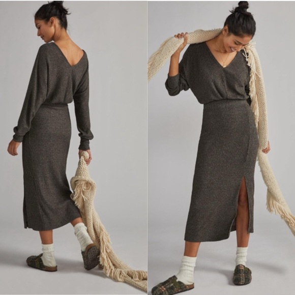 Anthropologie Daily Practice Barre Midi V-neck Rib Knit Sweater Dress Hipster - Picture 2 of 16